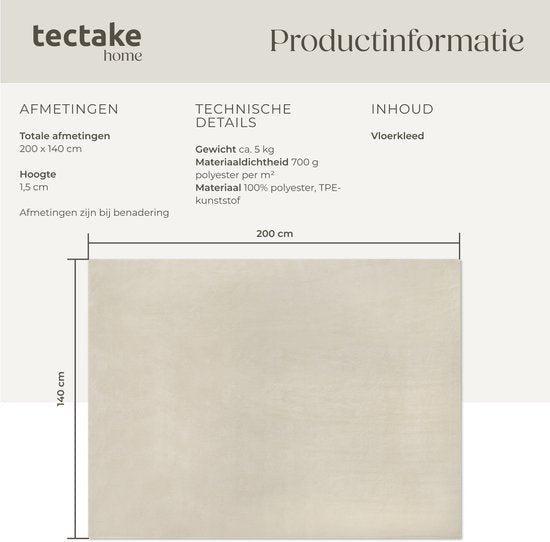 tectake® Kurzflorteppich -140 x 200 cm - Beige - Teppich für Wohnzimmer, Schlafzimmer, Esszimmer - Pflegeleicht und waschbar - Anti-Rutsch-Unterlage - Allergikerfreundlich - Verschiedene Größen und Farben