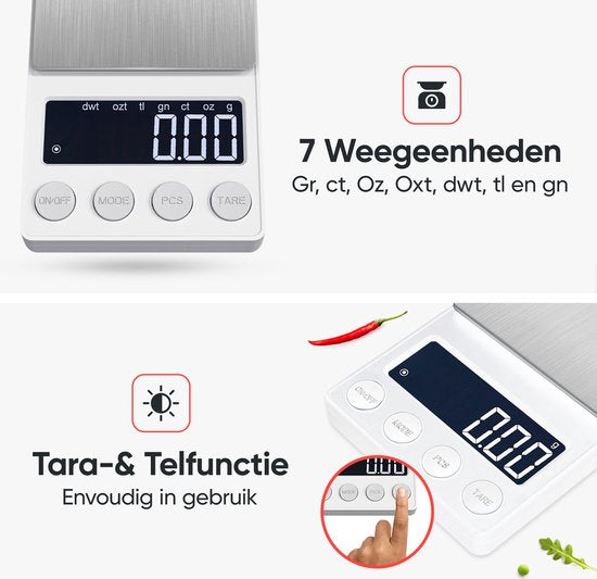 Kitchenwell digitale Mini-Präzisionsküchenwaage weiß - 0,01 bis 200 Gramm - 14,2 x 7,5 cm - batteriebetriebene Taschenwaage - Küchenwaage