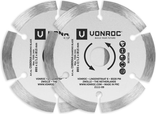 VONROC Diamanttrennscheiben für Mini-Kreissägen und Tauchsägen - 85x15mm - 2 Stück Kreissägeblätter - Für Stein und Keramik