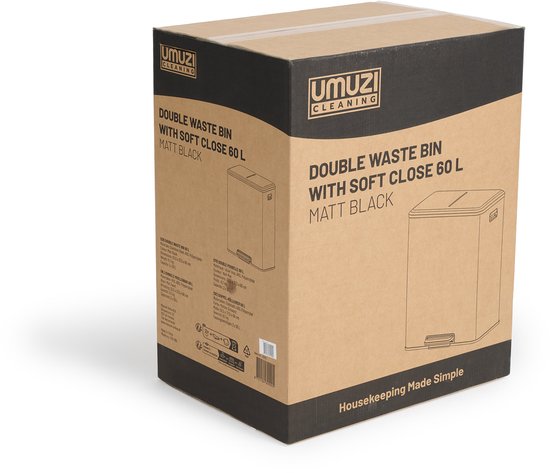 Umuzi Cleaning Double Mülleimer - 60L - Treteimer - Soft Close - 53x38x66 - Mattschwarz
