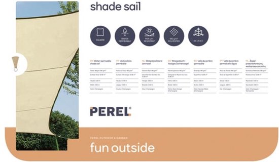 Perel Schattentuch, wasserdurchlässig, luftdurchlässig, 3,6 x 3,6 m, 180 g/mÂ², HDPE, quadratisch, champagner