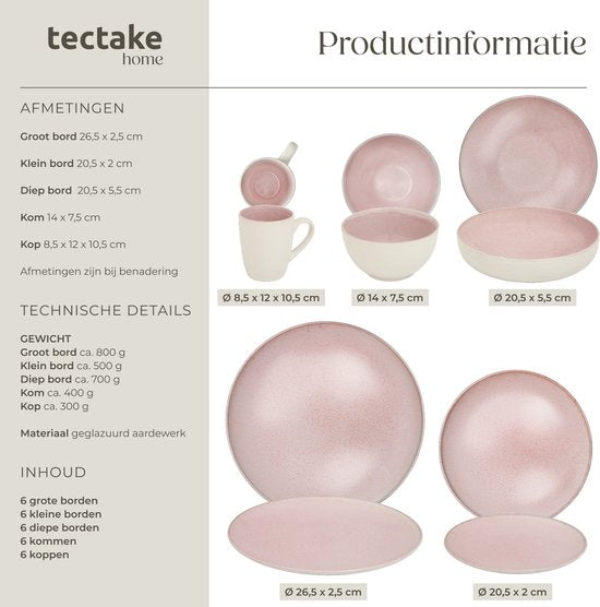 tectake® Geschirrset Mare – 30-teilig – Steingut mit glänzender Glasur - Für 6 Personen - Handgefertigtes Geschirr - Modernes Geschirrset mit großen und kleinen Tellern, Schüsseln, Schälchen und Tassen - Spülmaschinen- und mikrowellengeeignet - Rosa