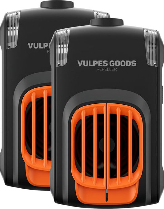 Vulpes Goods Marderabwehrgerät PRO V2 - Ultraschall - Automatische Frequenzen & Blinklichter - USB-C & Autobatterie - Für Marder Mäuse & Ratten - 2 Stück - Schwarz