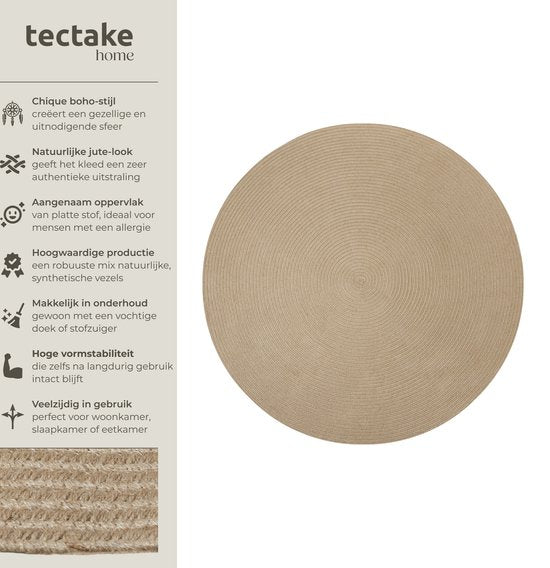 tectake® Flechtteppich - Boho-Stil - Juteteppich für drinnen und draußen - Langlebig und pflegeleicht - Formbeständig und allergikerfreundlich - Runder Teppich - Ø160 cm