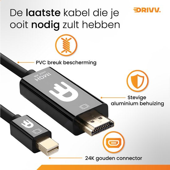 Drivv. Premium Mini DisplayPort zu HDMI Kabel - Thunderbolt zu HDMI - Thunderbolt 1/2 - 4K 30Hz - Schwarz - 1,8 Meter