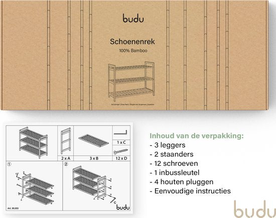 Budu Schuhregal (3 Ebenen) - Schuhregal Bambus - Schuhschrank Holz - Schuh-Organisator