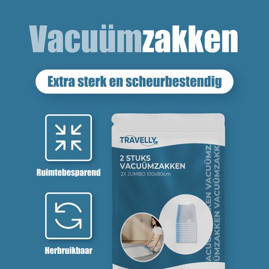 Travelly® Vakuumbeutel & Reisebeutel Set - Aufbewahrung von Kleidung & Reisen - Luftdicht - Wiederverwendbar - Platzsparend - 2er Set - Transparent