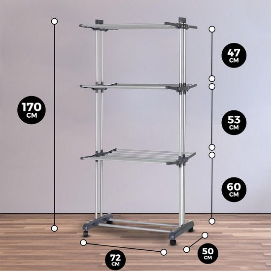 Vonia Trockenturm - Wäscheständer - Wäscheständer - Wäscheturm - 3 Lagen - faltbar - 72x50x172 cm - Grau