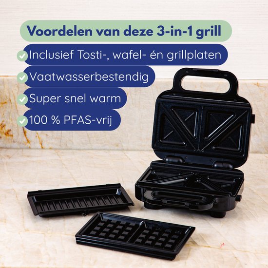 Safecourt Kitchen Toaster - 3-in-1 Toaster, Waffeleisen & Kontaktgrill - PFAS-frei - Spülmaschinenfest - Kompakt - Schnell heiß - Schwarz