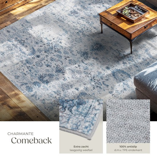 tectake Teppich im Vintage-Design - Niederflorteppich - Boho-Teppich - Für Wohnzimmer, Schlafzimmer, Kinderzimmer oder Jugendzimmer - Waschbar - 240cm x 340cm - blau