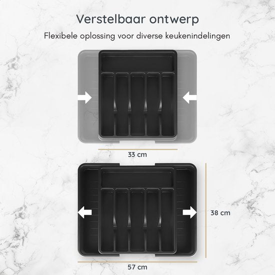 Deleca Ausziehbarer Besteckeinsatz mit 8 Fächern - Besteckschubladen-Organisator - Küchenschubladen-Besteckorganisation - Besteckhalter Küche - 57 x 38 cm - Kunststoff / Schwarz