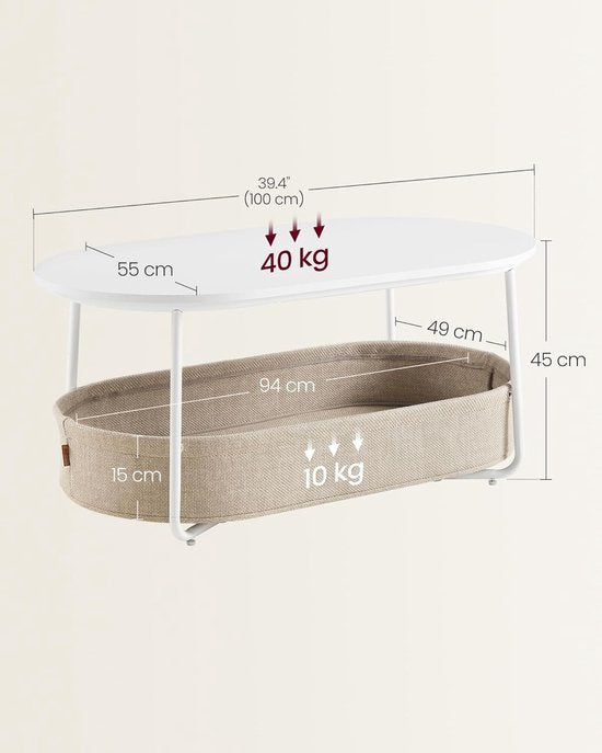 Furnstar - Couchtisch oval - Tisch mit Ablage - Beistelltisch - Wohnzimmertisch mit Stoffkorb - Modernes Design - Metallgestell - Mattweiß Kamelbraun