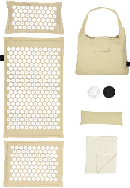 LifeGoods Akupressurmatte Eco - Komplettset - Kissen / Tragetasche / 2x Triggerpunktball - Shakti-Matte - Nagelmatte - 72x43x2cm - Beige/Weiß