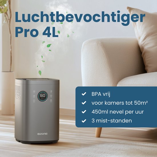 Auronic Luftbefeuchter - 4 Liter - 40m2 - Geeignet für Wohnzimmer, Büro, Schlafzimmer, Babyzimmer und mehr - Mit Aromatherapie - BPA-frei - Grau