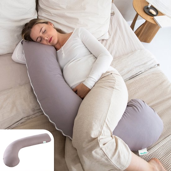 Litollo® Schwangerschaftskissen (J-förmig) - Seidenkissen - Stillkissen - Körperkissen - 145cm - Abnehmbarer Bezug - Grau