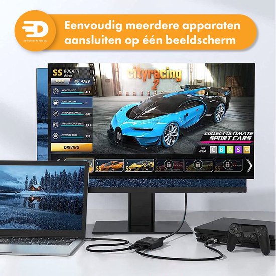 Drivv. HDMI-Umschalter - 2-in-1 out / 1-in-2 out - Bidirektional - Unterstützt 720p/1080p/4K/3D - Schwarz