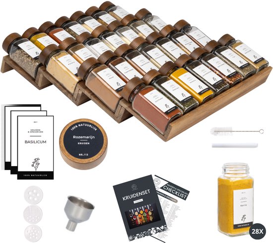 Organess Gewürzregal mit 28 Gewürzdosen - Gewürzregalschublade - Gewürzorganisation - Küchenschubladenorganisation - Komplettset - 4 Stück - Akazie