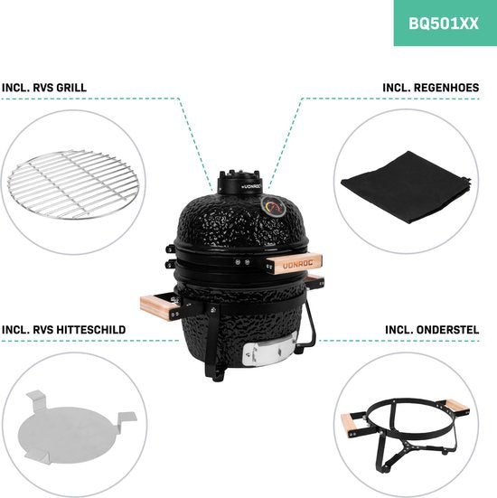 VONROC - BBQ - Kamado - 13" - Mit Schutzhaube, Tellereinleger & Sockel - Holzkohlegrill - Keramik