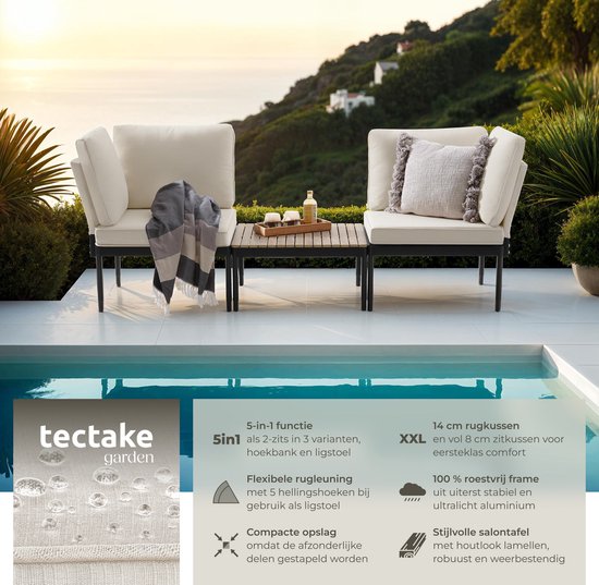 tectake® - Magaluf Lounge Set - 5-in-1-Gartenset mit Aluminiumgestell - 2 Gartensessel und 1 Couchtisch - Aufstellbar als Liege, Eckbank oder 2-sitzige Gartenbank - Inklusive Kissen - Balkonset 2 Personen