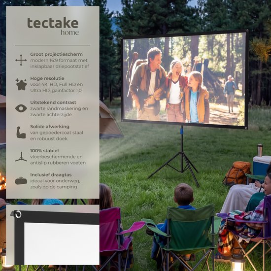 tectake® Beamer-Leinwand – 60 Zoll – 16:9-Projektionsleinwand mit Stativ – 4K HD – aufrollbar – ausziehbar – Projektionsleinwand – Präsentationsleinwand – inklusive Tragetasche
