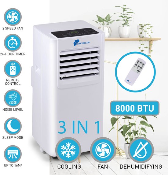 Lifetime Air Mobiles Klimagerät - Klimaanlage, Luftentfeuchter und Ventilator - Mit Ablassschlauch - 65dB - Bis zu 16m2 - Fernbedienung und Timer