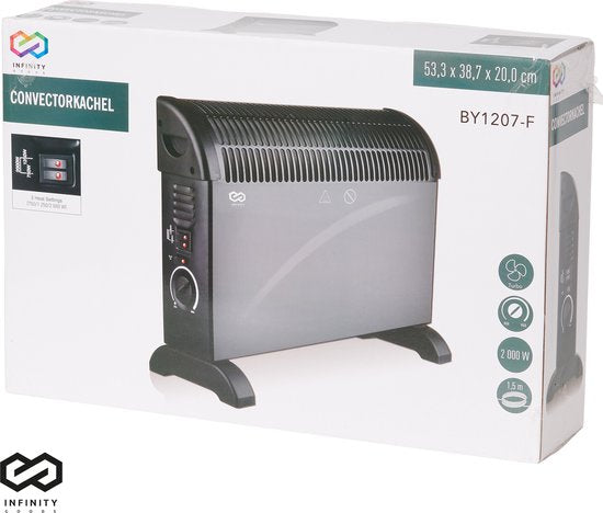 Infinity Goods - Elektrischer Konvektor - Turbofunktion und Gebläse - 750 / 1500 / 2000W - Einstellbarer Thermostat - Heizkörperheizung - Überhitzungsschutz - 35m² - Schwarz