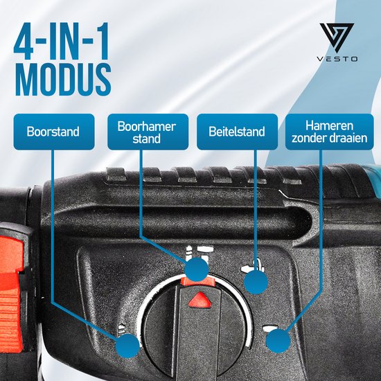 Vesto® Elektrohammerbohrer - Akku-Schlagbohrer - Hammerbohrer mit Meißelfunktion - Akku-Kombihammer - Betonbohrer - Inklusive Bohrer-Set, 2x Akku & Ladegerät