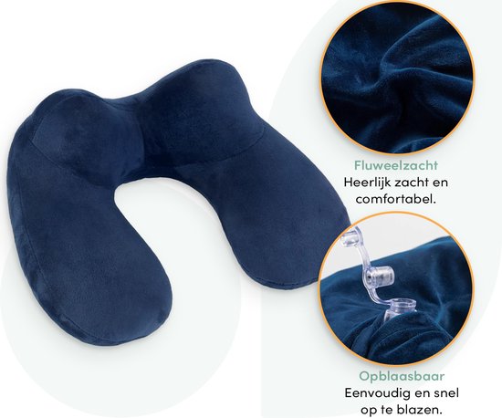 Aufblasbares Nackenkissen Set 3 in 1 mit Aufbewahrungsbeutel - Flugzeugkissen - Reisekissen - Samt - U-Form - Inklusive Schlafmaske und Ohrstöpsel - Blau