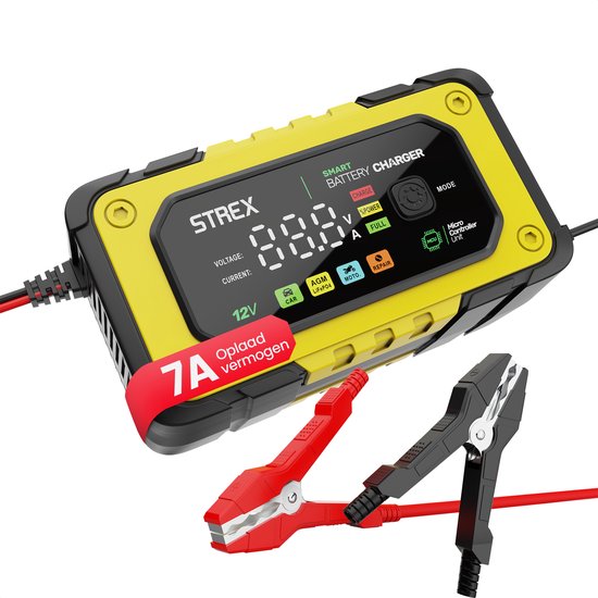 Strex 12V 7A Batterieladegerät - Tropf- und Schnellladegerät mit LCD-Anzeige - für Auto-, Motorrad-, Boots- und AGM/Blei-Batterien - Reparaturmodus
