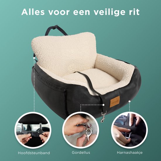 CozySense® Hundeautositz - Hundekorb Auto für kleine Hunde - Vorder- und Rücksitz - mit Sicherheitsgurt, Staufach und waschbarem Bezug - Schwarz/Beige