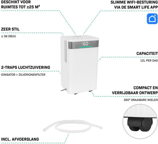 VONROC Luftentfeuchter - 12L/Tag - 2L Tank - Waschmodus - mit WiFi-Steuerung - mit Luftreinigungsfunktion