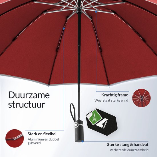 Nohrd Storm Umbrella - Bordeaux Rot - Regenschirm faltbar - Sturmsicher 108 km/h - Sturmschirme - Automatisch auf- und abklappbar - Reflektierend - Regenschirme - Inkl. Schutzhülle