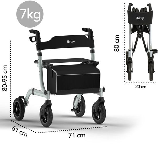 Brixy Rollator - leicht und faltbar - Sitzfunktion - Rückenlehne, Tasche und Gehstockhalterung - Grau