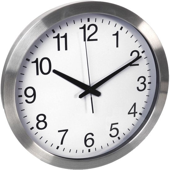 Perel Wanduhr 40 cm, analog, mit automatischer DCF-Zeitsynchronisation, großem, gut ablesbarem Zifferblatt, silberfarbenem Aluminiumrahmen, für Wohnzimmer, Küche, Büro, Wartezimmer
