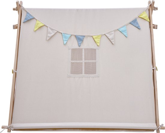 Sunny Sienna Spielzelt mit Fahnen und Bodenmatte Creme - Wigwam Tipi-Zelt für Kinder mit Pendel & Aufbewahrungstasche - FSC Holzstangen - 120x100x105cm