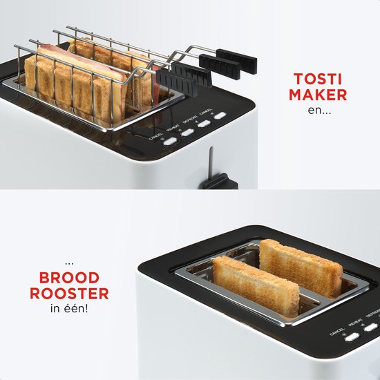 Bourgini Toasti Toaster - Toaster mit Toasti-Klemmen - Weiß - Extra breiter Schlitz für 2 getoastete Sandwiches - Einstellbare Bräunungsstufe und Auftaufunktion