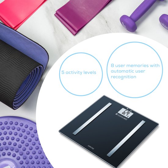 Sanitas SBF 72 Bluetooth®-Personenwaage – Körperanalyse – Kostenlose HealthCoach-App – 8 Benutzerspeicherplätze mit Erkennung – Bis zu 180 kg – Automatische Abschaltung – Inkl. Batterie – 3 Jahre Garantie
