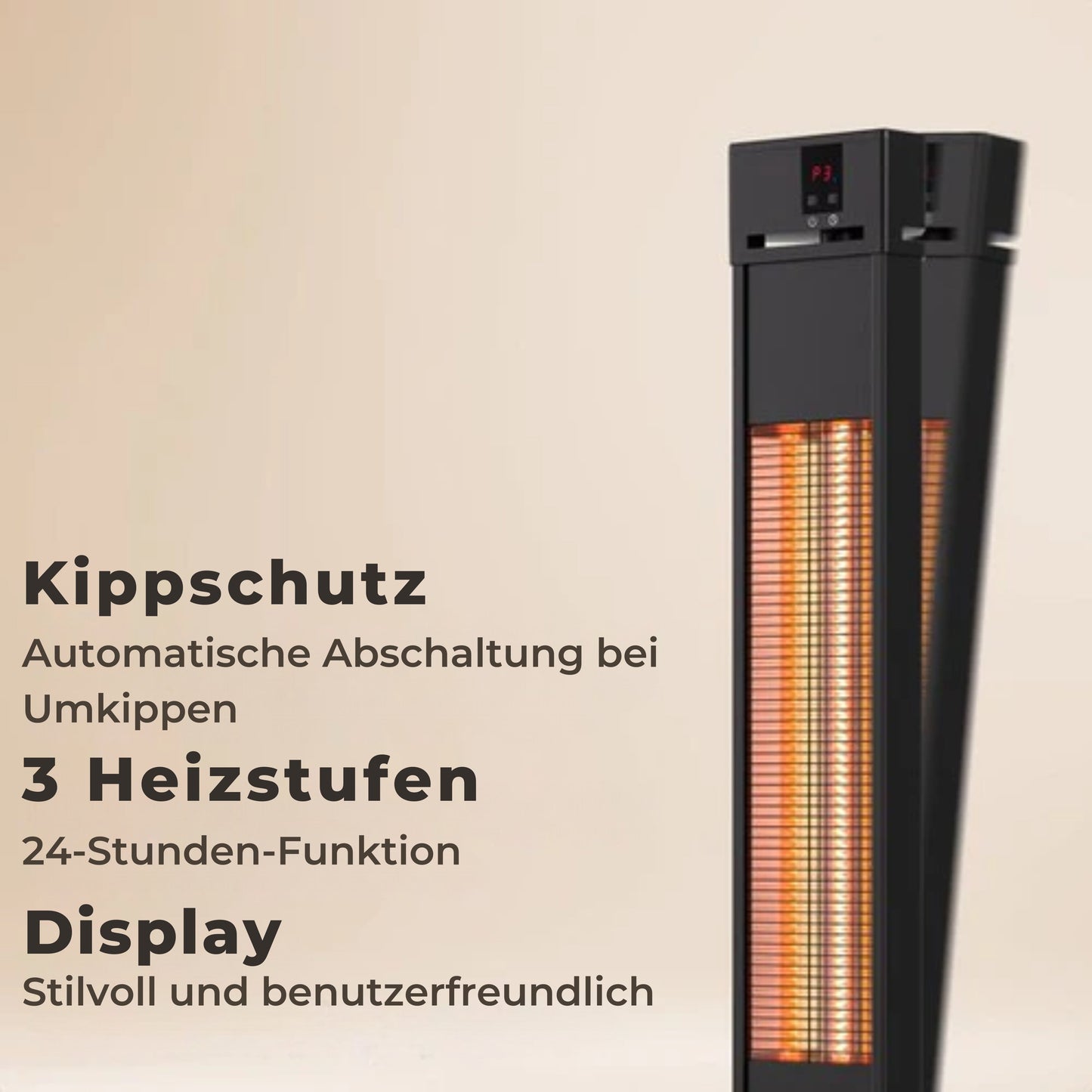 Auronic Terrassenstrahler - Infrarotheizung - Stehend - 20m2 - Elektrisch - 2000W - Fernbedienung - 3 Stufen - Schwarz