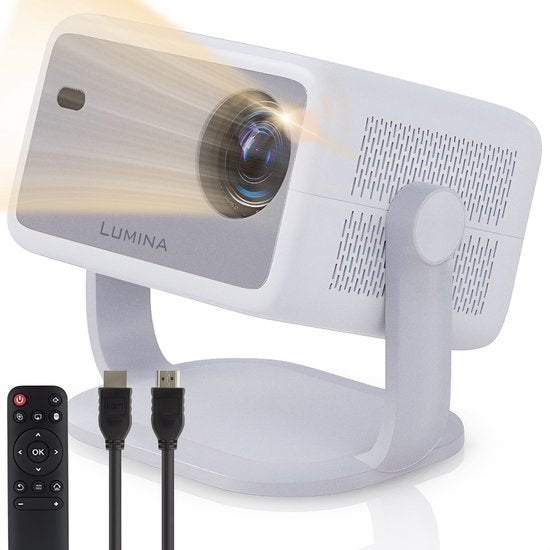 Lumina® Stellar Beamer 2025 - 4K Ultra HD - Automatische Leinwand & Richtfunktion - All-in-one Smart TV Projektor - Für iOS & Android - Weiß