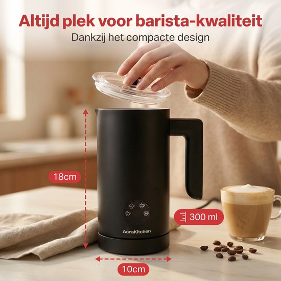 AoraKitchen Milchaufschäumer – 300 ml – Milchaufschäumer – Edelstahl – elektrisch – 4-in-1 – Antihaftbeschichtung – 500 W