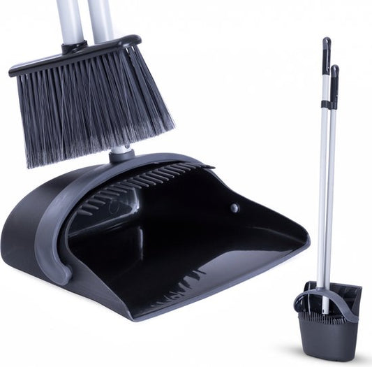 CLEANLY Kehrschaufel und Besen mit langem Stiel 134 cm - Besen für drinnen und draußen - Innovative Bürstenfasern - Schwarz, Grau