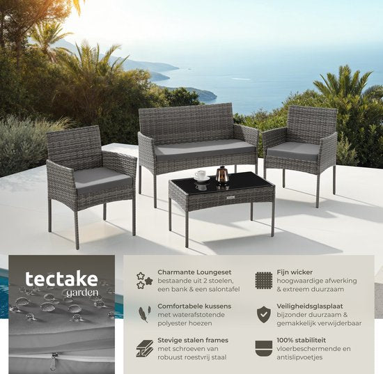 tectake® - Geflecht-Gartenset Palese - Sitzgruppe für 4 Personen - Gartenmöbelset mit Loungebank, Gartentisch und 2 Gartenstühlen inklusive Sitzkissen - Gartenmöbel - Wasserfest - Grau