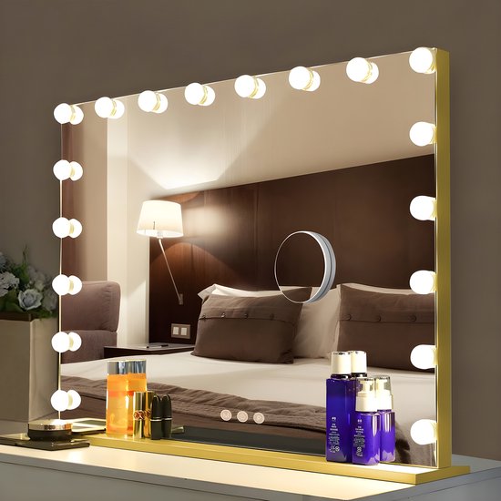 Bayt Hollywood Spiegel mit Beleuchtung - Make-up Spiegel mit Beleuchtung - Spiegel mit Beleuchtung - Hollywood Spiegel 80x60 - dimmbar - 10x Vergrößerung - 80x60cm - Gold