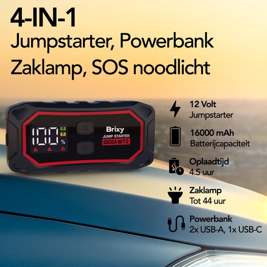 Brixy Jumpstarter für Auto - 2200A / 16.000 mAH - 4-in-1 Starthilfe - LED-Taschenlampe, SOS-Notlicht und Powerbank - Rot/Schwarz