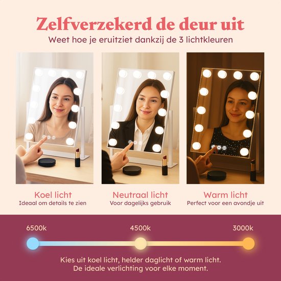 Fraay® Hollywood Spiegel mit Beleuchtung 41x30cm - 3 Lichtstufen - Schminkspiegel mit 10-facher Vergrößerung - LED-Beleuchtung dimmbar - inkl. Beauty Blender und Puderquaste