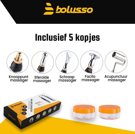 Bolusso Komplettes Akupunktur-Stift-Set - Enthält 5 Kopfstücke - Holländisches Handbuch - Massage-Stift und Werkzeug - Wiederaufladbar - Einschließlich Gel-Töpfe