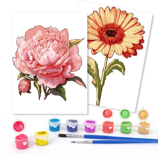Rubye® Malen nach Zahlen Erwachsene - Rose & Sonnenblume - Inklusive Farbe und Pinsel - Leinwand Malerei Leinwand - Farben nach Zahlen - Doppel Set - 15x20cm