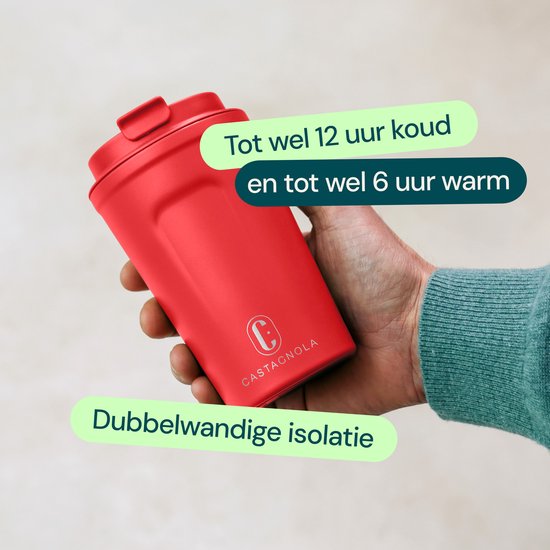 Castagnola Thermos Cup - Kaffeebecher To Go - Reisebecher für Kaffee und Tee - Teebecher - 380 ML - Edelstahl - Rot
