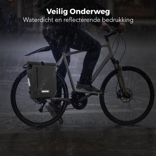 LifeGoods Single Bicycle Bag - Kompakt - Umhängetasche und Rucksack - 25L - Runder Gepäckträger - Wasserdicht - Grau