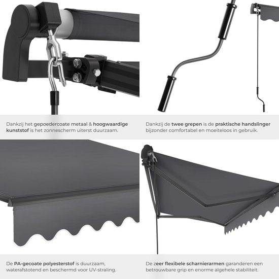 tectake® Sonnenschirm mit Gelenkarm - 250 x 200 cm - Markise - Sonnenschutz für Fenster, Balkon, Außenbereich - Wandmontage - Wasser- und UV-beständig - Dunkelgrau